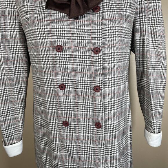 Vintage 80s  Plaid Dress Double Breasted Big Bow Contrast Collar C-38.5" Midi - Picture 6 of 16